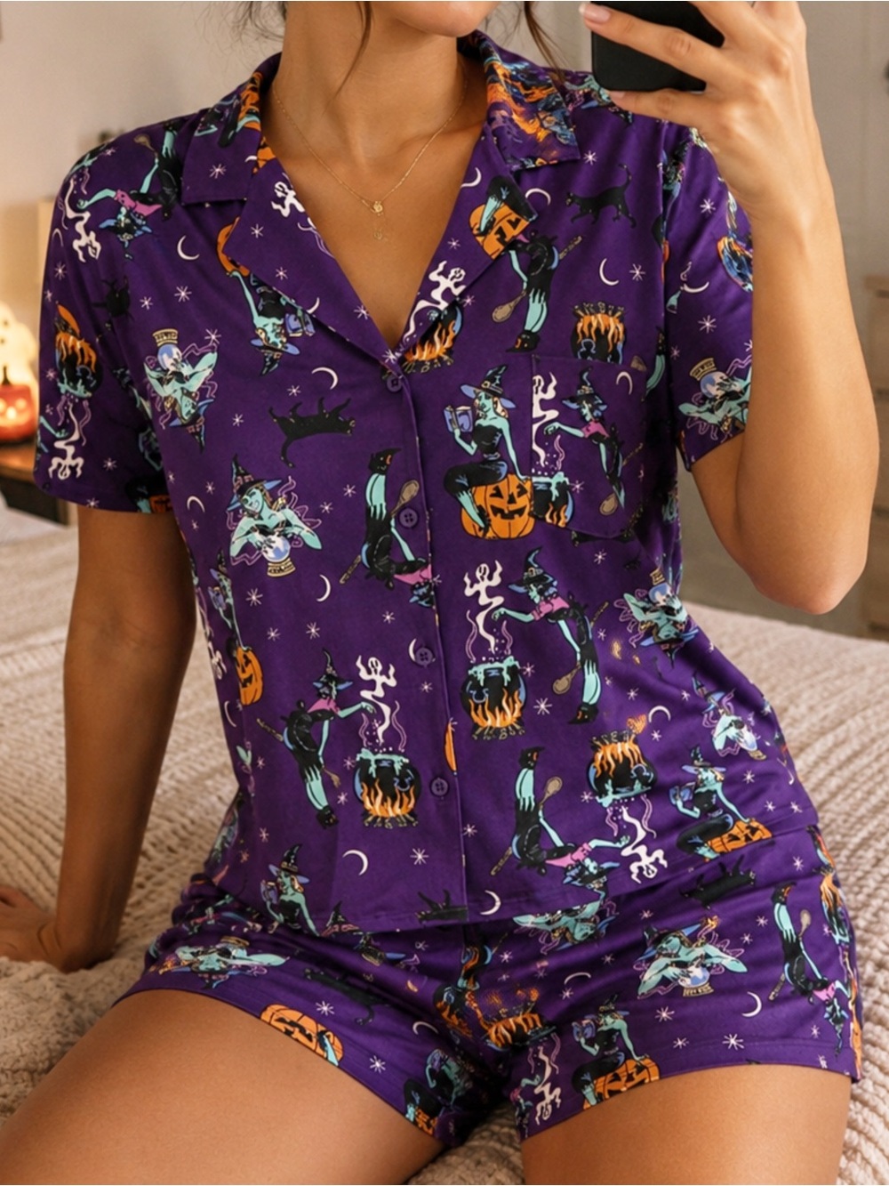 . Way To Celebrate Halloween Purple Witch Printed Button Up Shirt & Shorts Set - Picture 1 of 10